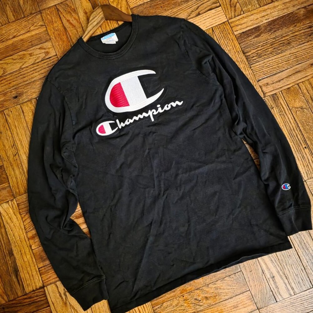Vintage Champion Shirt Mens L Black Long Sleeve Crewneck big C Logo Extra Large